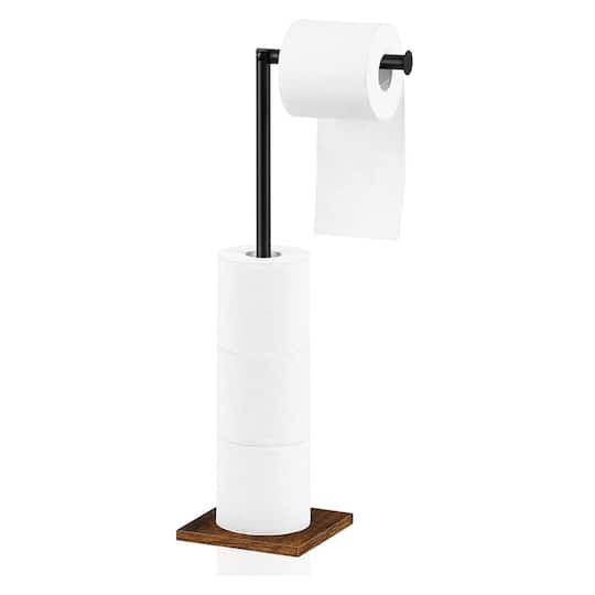NEX&#x2122; 21&#x22; Black Freestanding Metal Toilet Paper Holder with Square Woodgrain Base